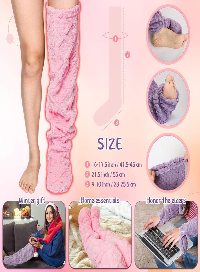 Croloose 2 Pairs High Fuzzy Socks over Knee Winter Leg Warmers Plush Extra Thick Slipper Socks for Women Christmas Sleeping(Purple, Pink,Pattern Style) - Image 5